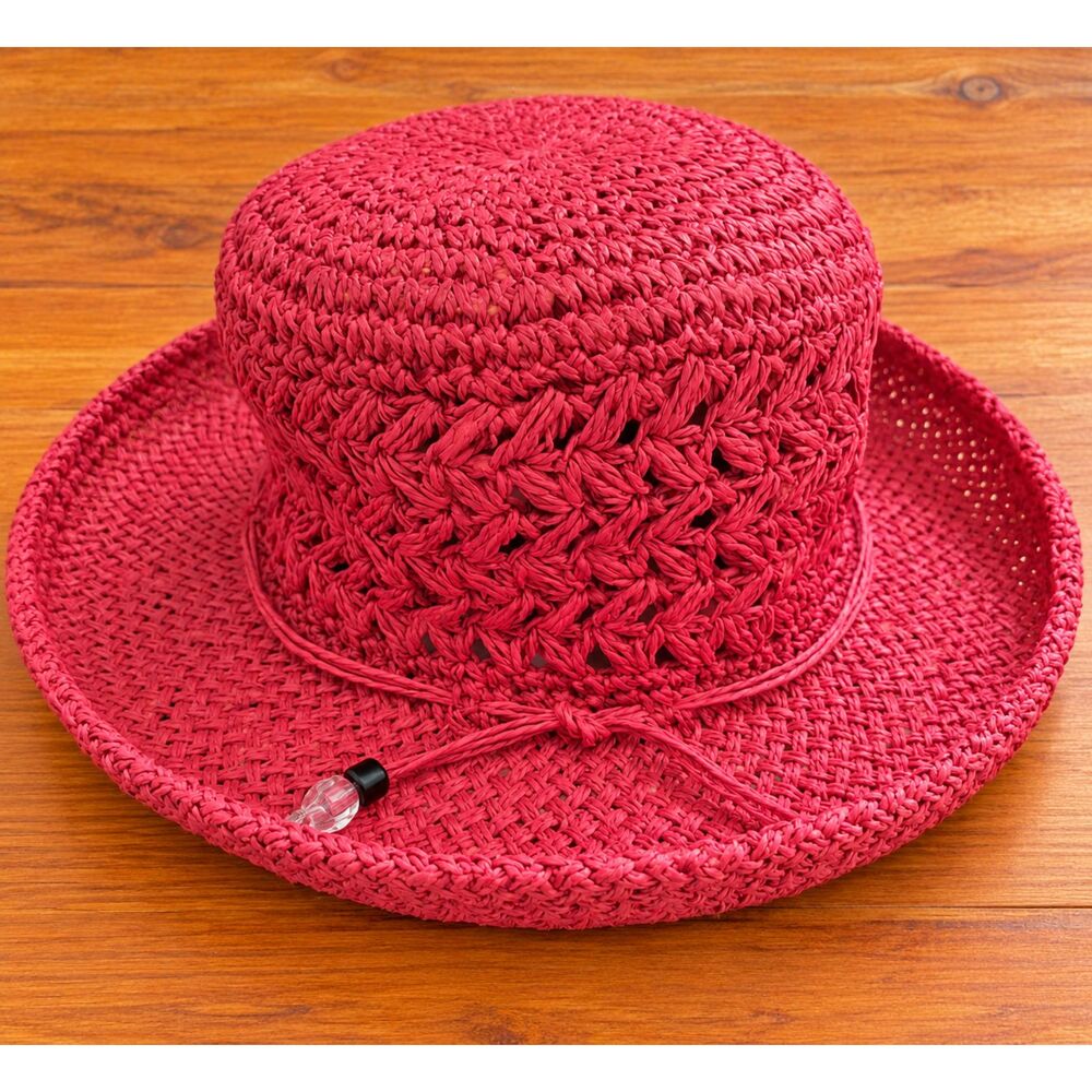 Red Straw Bucket Hat Woven Crochet Upturned Brim Autumn Cloche Cap Vintage Boho